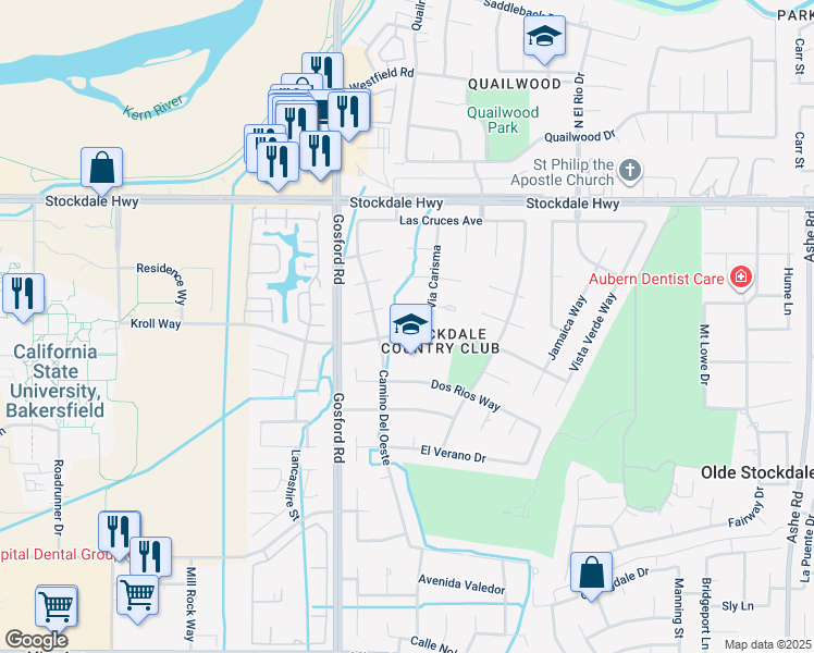 map of restaurants, bars, coffee shops, grocery stores, and more near 7708 Kroll Way in Bakersfield