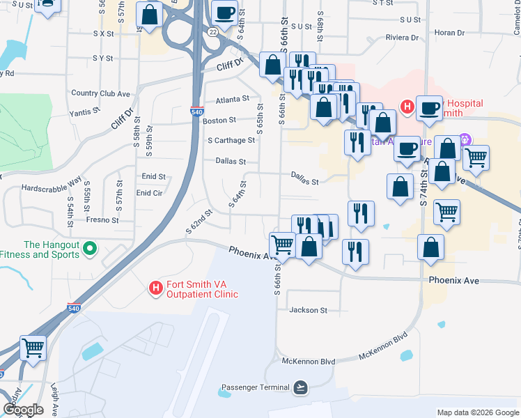 map of restaurants, bars, coffee shops, grocery stores, and more near 3418 South 66th Street in Fort Smith