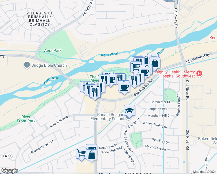 map of restaurants, bars, coffee shops, grocery stores, and more near 11000 Stockdale Highway in Bakersfield