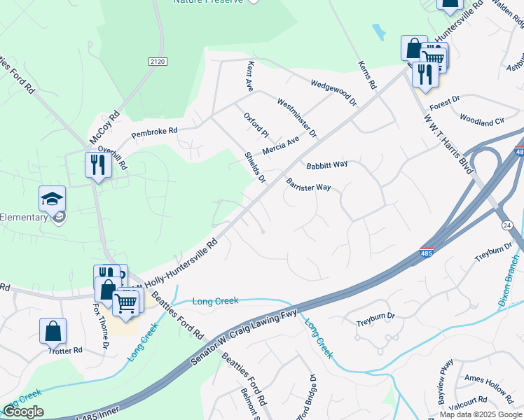 map of restaurants, bars, coffee shops, grocery stores, and more near 8725 Holly Creek Court in Charlotte
