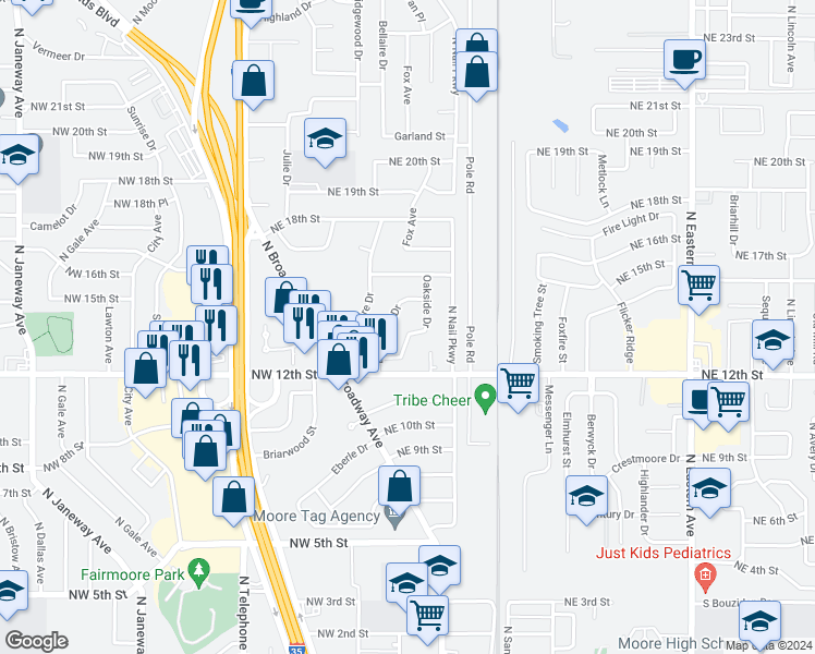 map of restaurants, bars, coffee shops, grocery stores, and more near 119 Oakside Drive in Oklahoma City