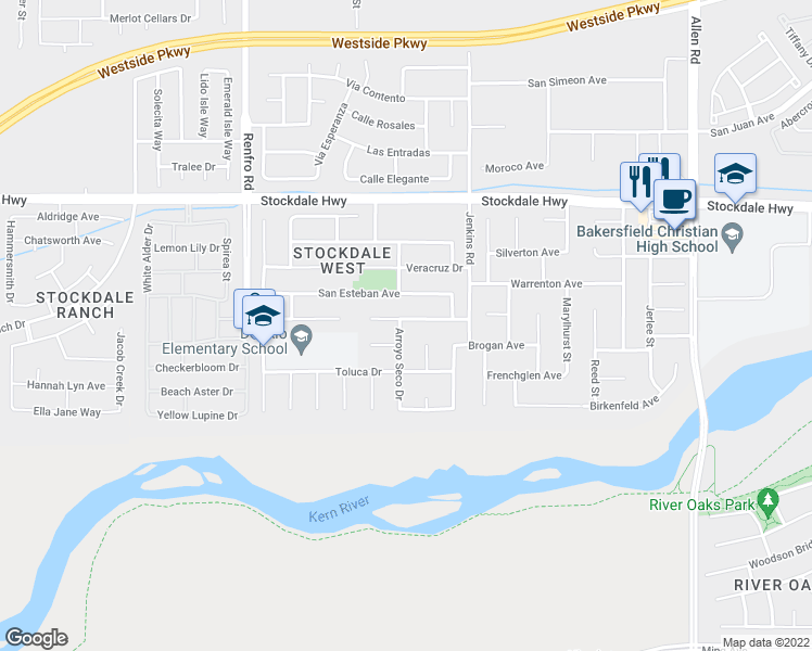 map of restaurants, bars, coffee shops, grocery stores, and more near 13913 San Lazaro Avenue in Bakersfield