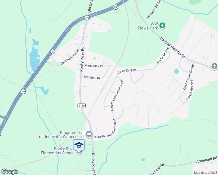 map of restaurants, bars, coffee shops, grocery stores, and more near 4440 Falls Lake Drive South West in Concord