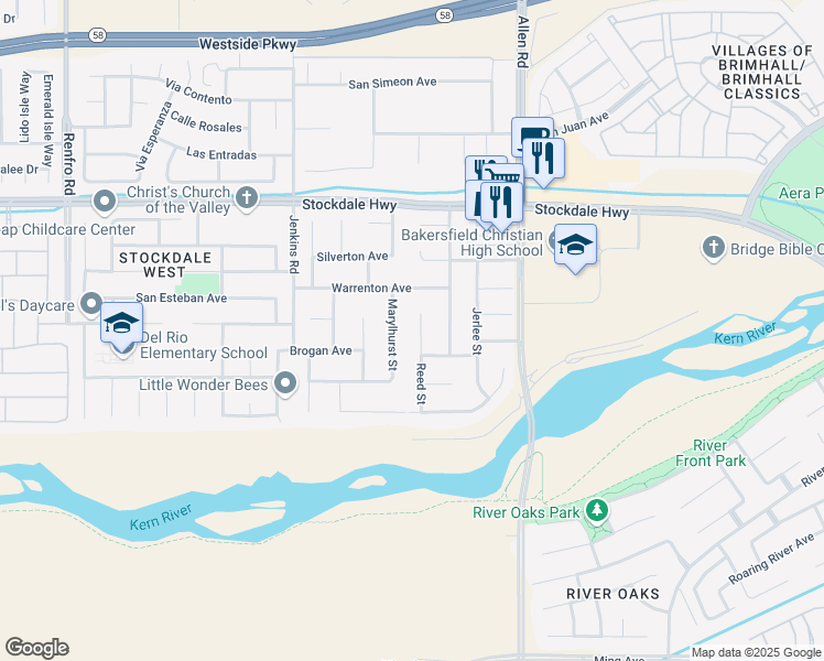 map of restaurants, bars, coffee shops, grocery stores, and more near 505 Reed Street in Bakersfield