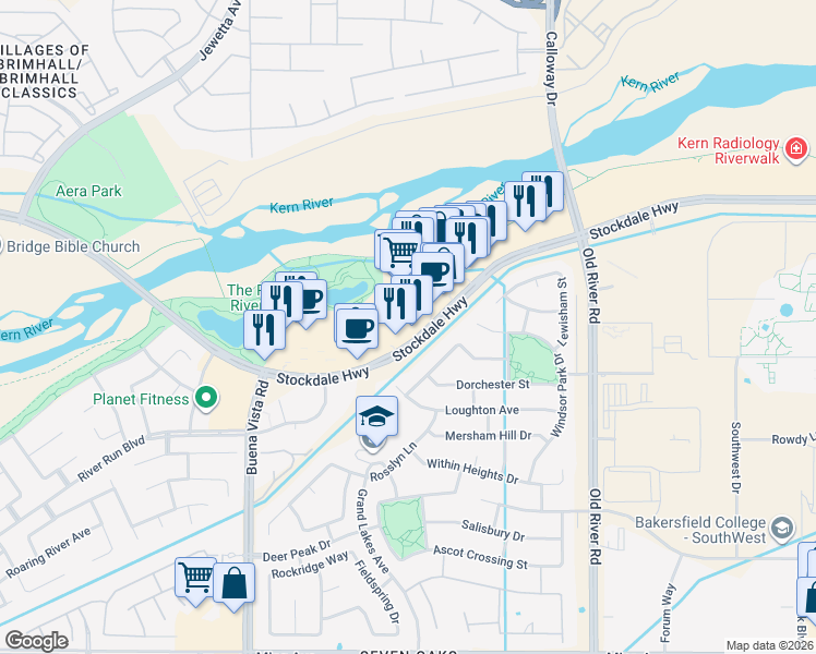 map of restaurants, bars, coffee shops, grocery stores, and more near 10700 Stockdale Highway in Bakersfield