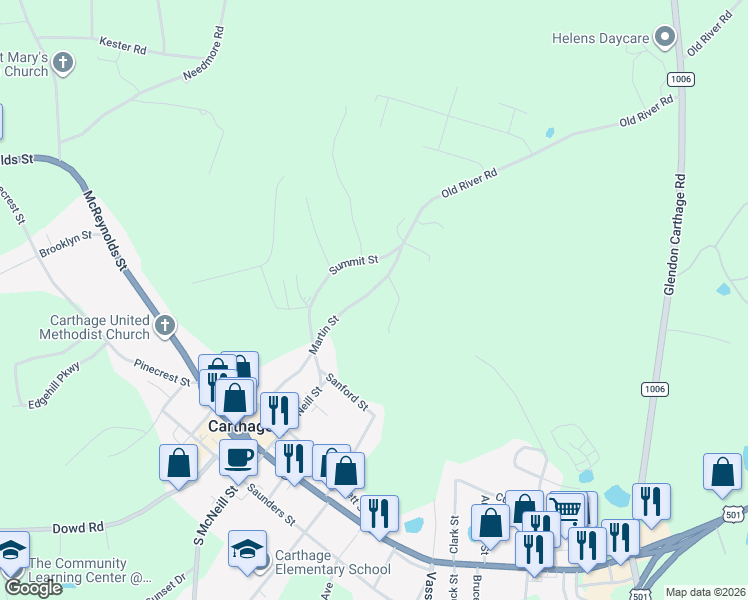 map of restaurants, bars, coffee shops, grocery stores, and more near 404-494 Martin Street in Carthage