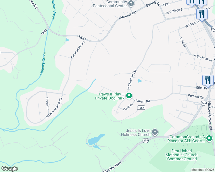 map of restaurants, bars, coffee shops, grocery stores, and more near 618 Durham Road in Stanley
