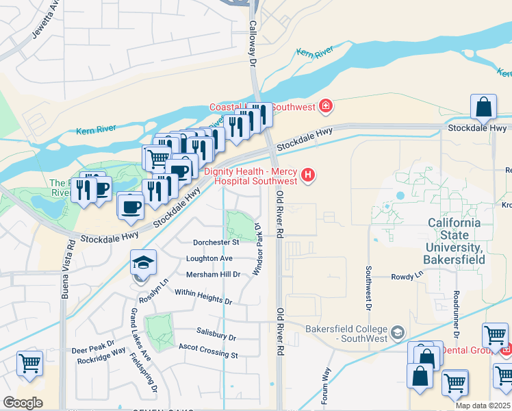 map of restaurants, bars, coffee shops, grocery stores, and more near 10217 Brentford Avenue in Bakersfield