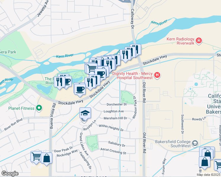 map of restaurants, bars, coffee shops, grocery stores, and more near 301 Windsor Park Drive in Bakersfield