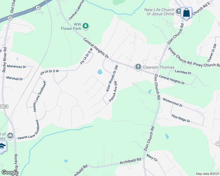map of restaurants, bars, coffee shops, grocery stores, and more near 4247 Kiser Woods Drive Southwest in Concord