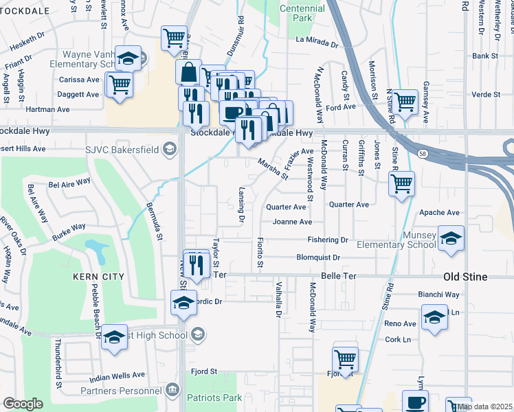 map of restaurants, bars, coffee shops, grocery stores, and more near 4714 Frazier Avenue in Bakersfield
