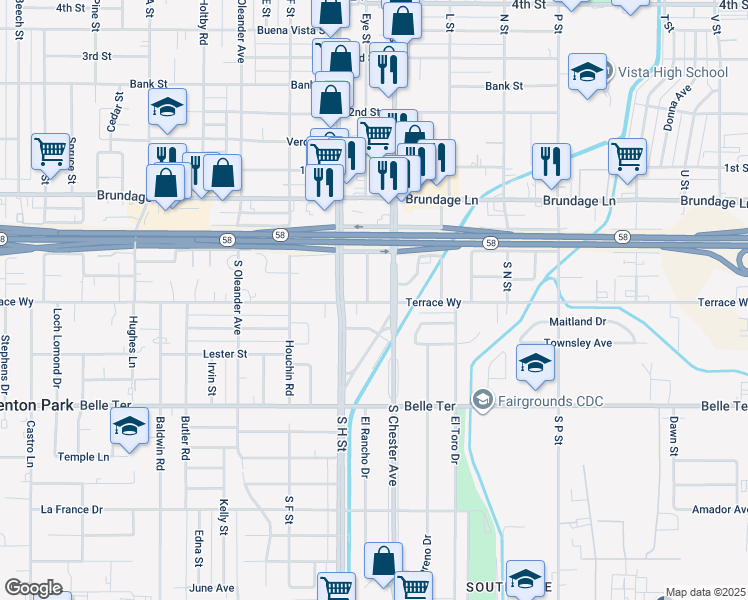 map of restaurants, bars, coffee shops, grocery stores, and more near 331 Haybert Court in Bakersfield