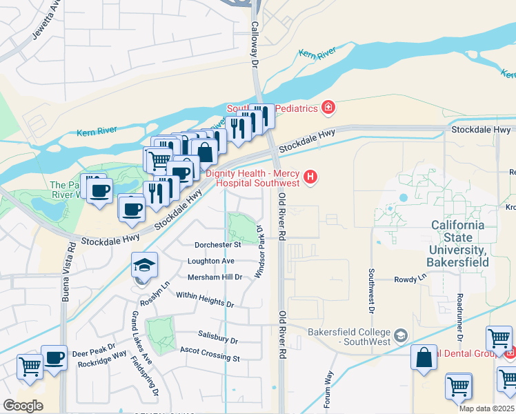 map of restaurants, bars, coffee shops, grocery stores, and more near 10217 Brentford Avenue in Bakersfield