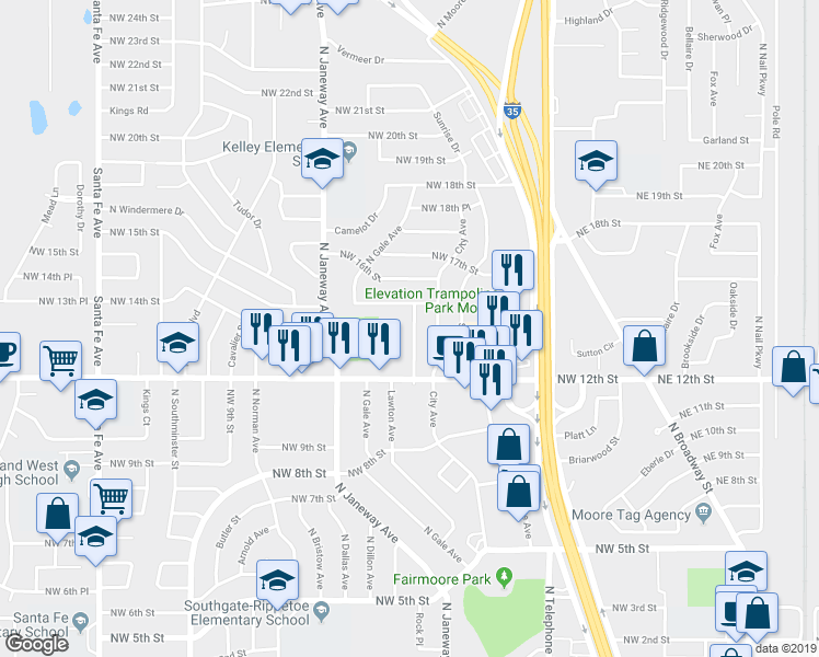 map of restaurants, bars, coffee shops, grocery stores, and more near 1413 Lawton Avenue in Moore