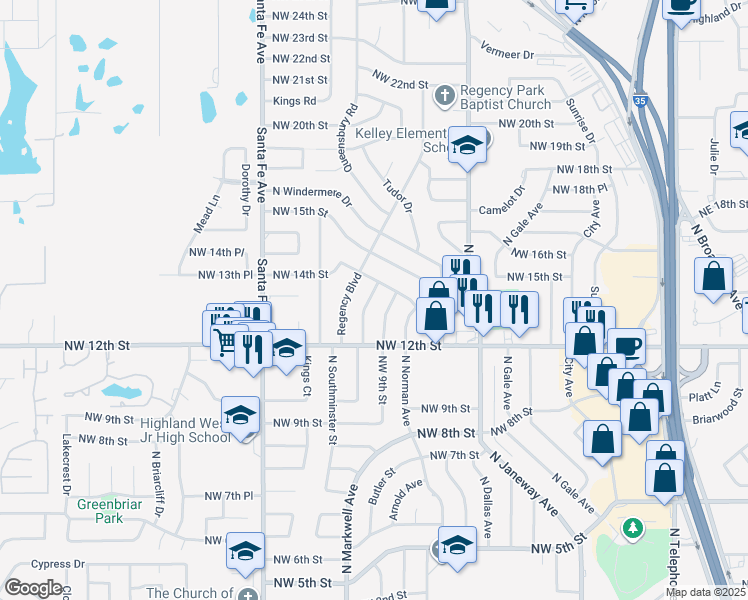 map of restaurants, bars, coffee shops, grocery stores, and more near 1408 Saint George Avenue in Moore