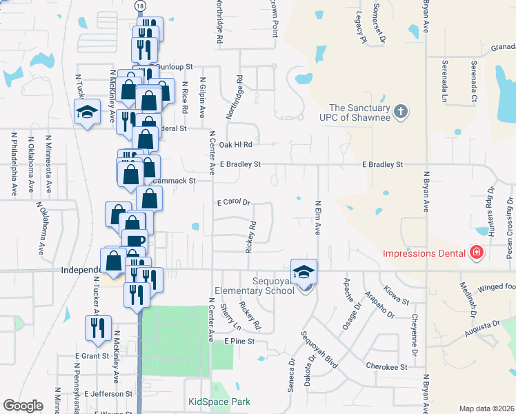 map of restaurants, bars, coffee shops, grocery stores, and more near 1811 Rickey Road in Shawnee