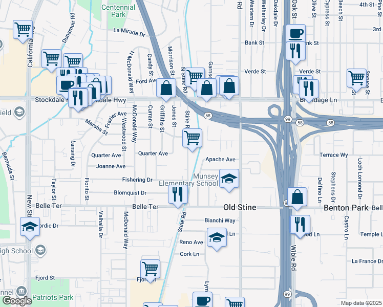 map of restaurants, bars, coffee shops, grocery stores, and more near 240 Stine Road in Bakersfield