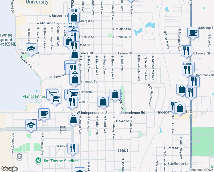 map of restaurants, bars, coffee shops, grocery stores, and more near 1720 Broadway Circle in Shawnee