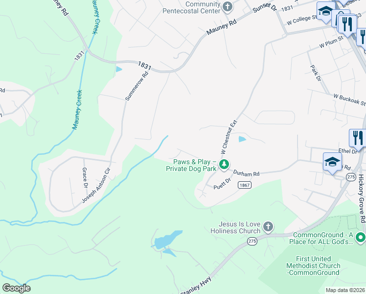 map of restaurants, bars, coffee shops, grocery stores, and more near 618 Durham Road in Stanley