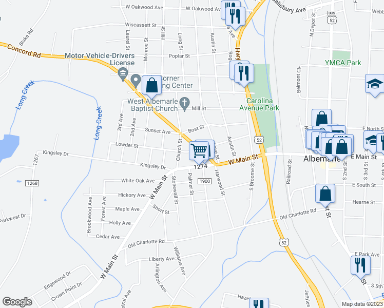 map of restaurants, bars, coffee shops, grocery stores, and more near 1011 Lowder Street in Albemarle