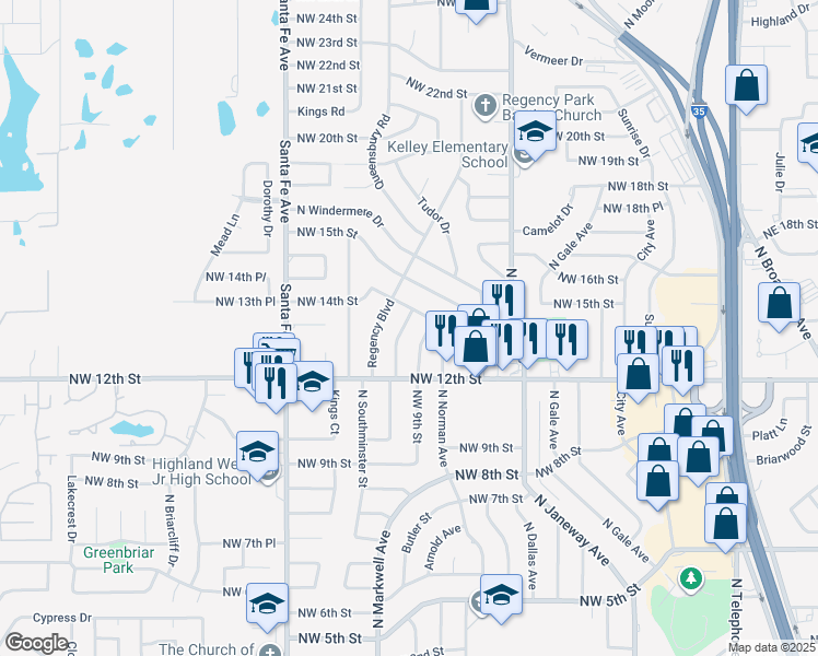map of restaurants, bars, coffee shops, grocery stores, and more near 1408 Saint George Avenue in Moore