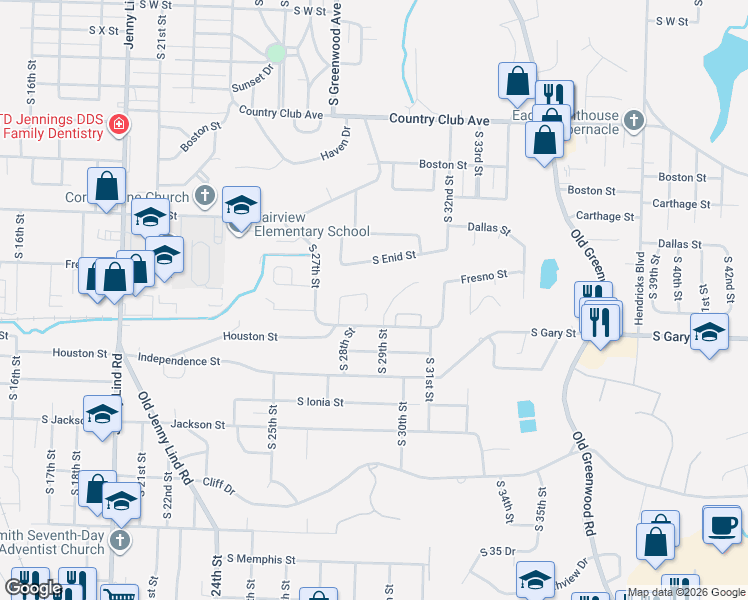 map of restaurants, bars, coffee shops, grocery stores, and more near 3407 South 29th Street in Fort Smith
