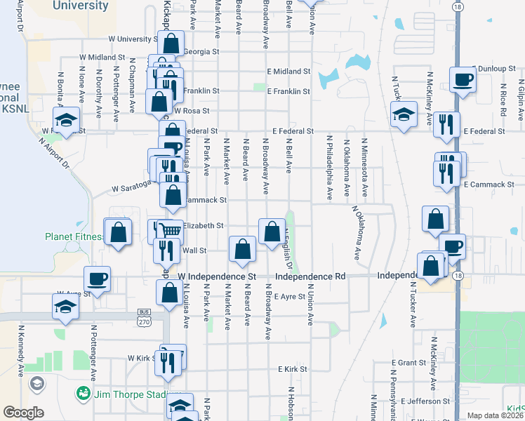 map of restaurants, bars, coffee shops, grocery stores, and more near 1720 Broadway Circle in Shawnee