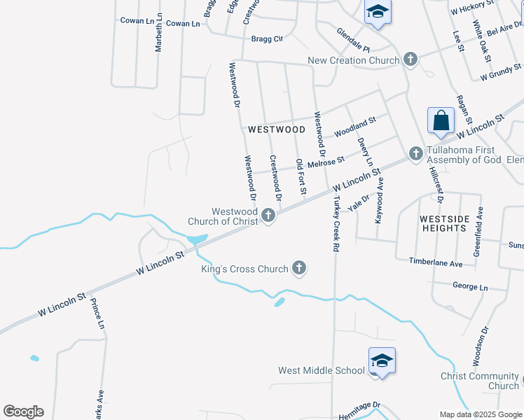 map of restaurants, bars, coffee shops, grocery stores, and more near 1113 Westwood Drive in Tullahoma