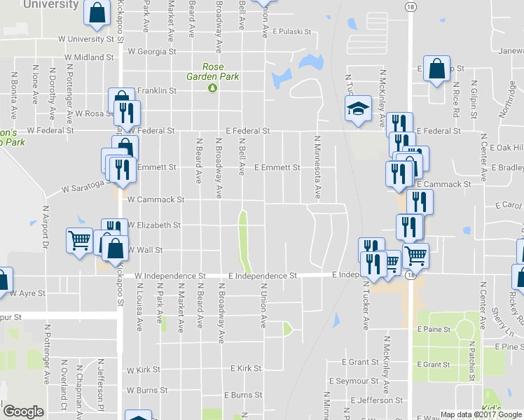 map of restaurants, bars, coffee shops, grocery stores, and more near 1722 North Union Avenue in Shawnee