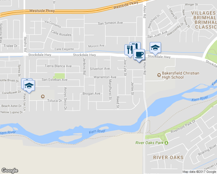 map of restaurants, bars, coffee shops, grocery stores, and more near 501 Marylhurst Street in Bakersfield