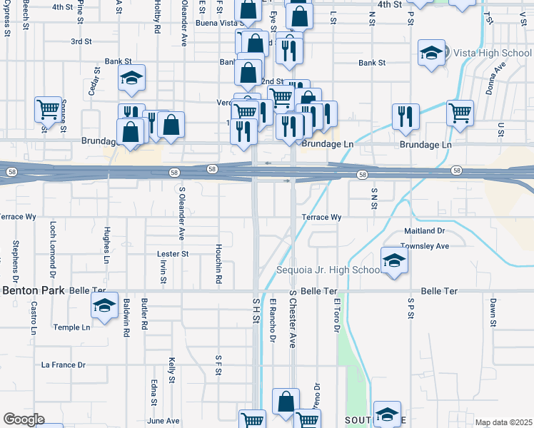 map of restaurants, bars, coffee shops, grocery stores, and more near 331 Haybert Court in Bakersfield