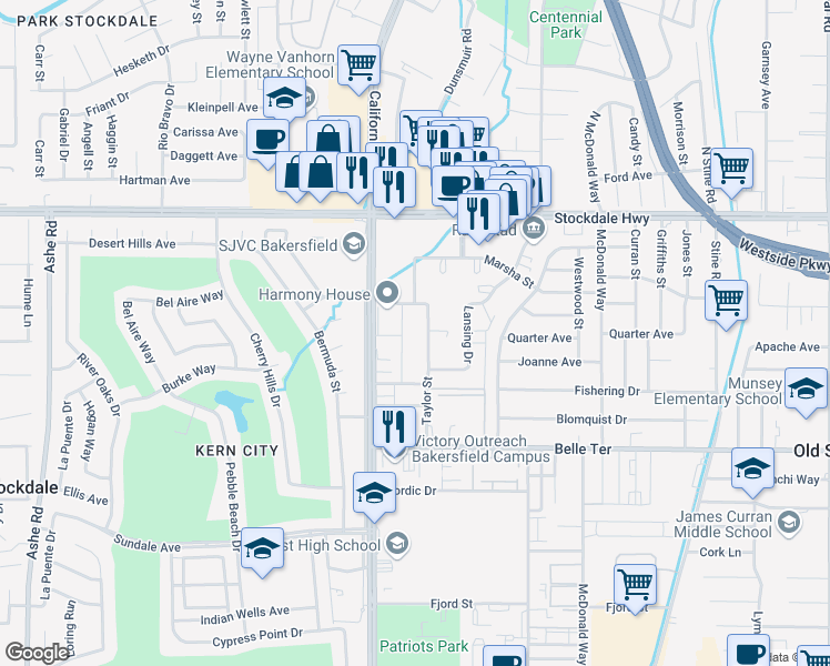 map of restaurants, bars, coffee shops, grocery stores, and more near in Bakersfield