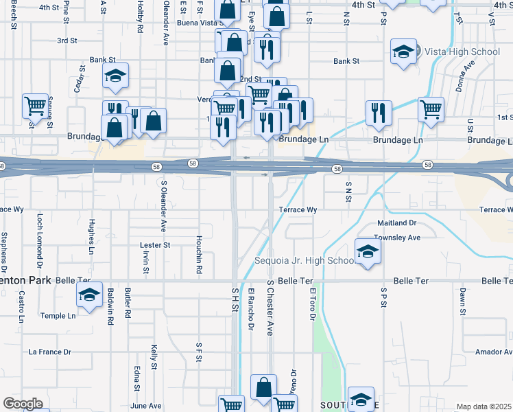 map of restaurants, bars, coffee shops, grocery stores, and more near 330 Haybert Court in Bakersfield