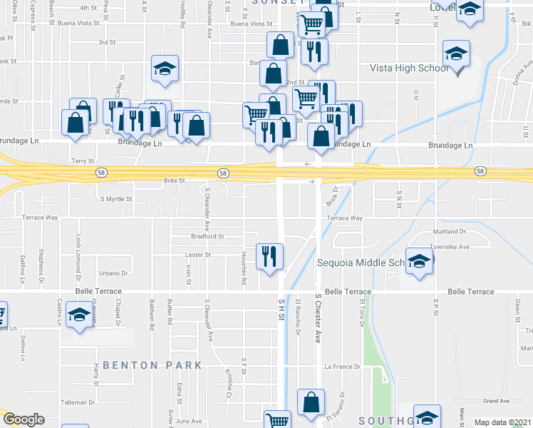 map of restaurants, bars, coffee shops, grocery stores, and more near 1728 Terrace Way in Bakersfield