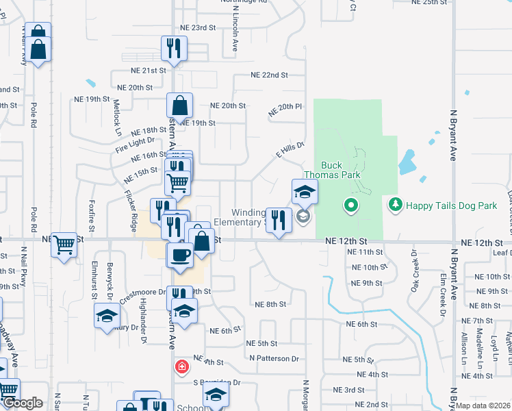 map of restaurants, bars, coffee shops, grocery stores, and more near 1412 Old Mill Road in Moore
