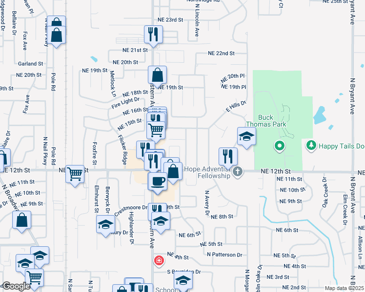 map of restaurants, bars, coffee shops, grocery stores, and more near 1417 Sequoyah Avenue in Moore