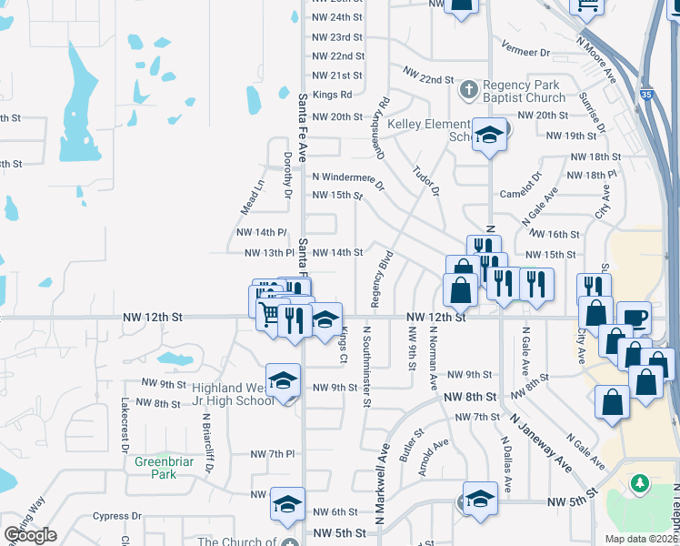 map of restaurants, bars, coffee shops, grocery stores, and more near 1008 Northwest 13th Street in Moore