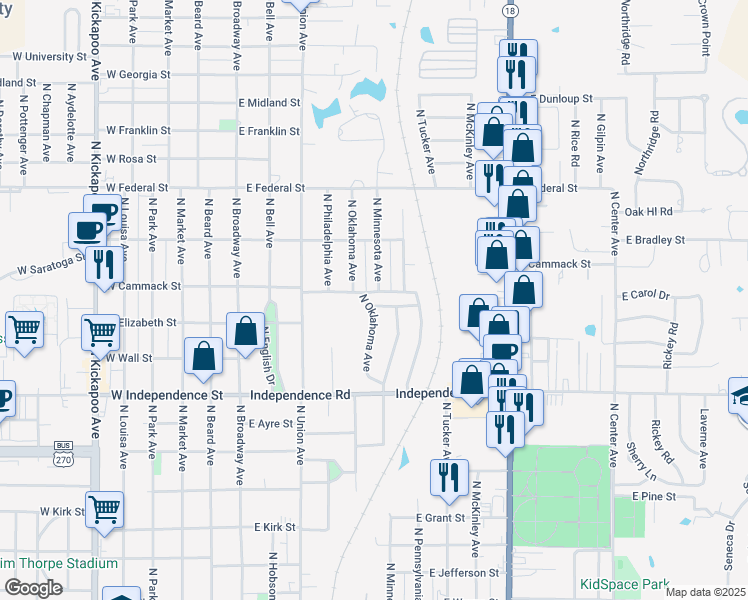 map of restaurants, bars, coffee shops, grocery stores, and more near 204 East Elizabeth Street in Shawnee