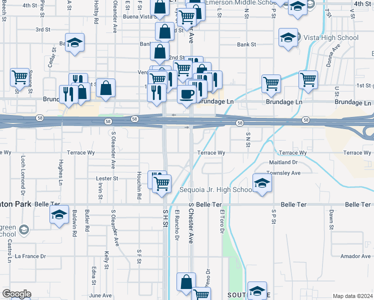 map of restaurants, bars, coffee shops, grocery stores, and more near South Chester Avenue in Bakersfield
