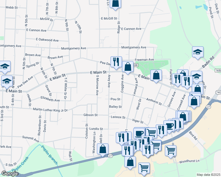 map of restaurants, bars, coffee shops, grocery stores, and more near 149 Arey Avenue in Albemarle