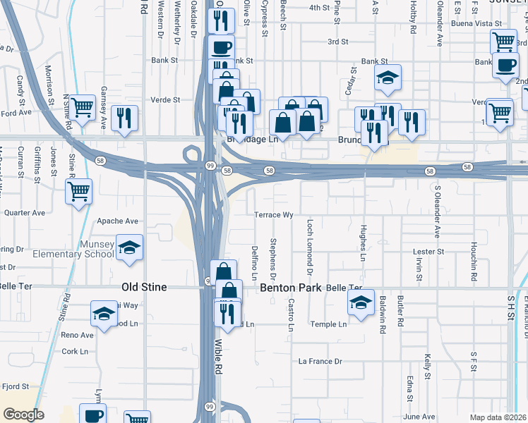 map of restaurants, bars, coffee shops, grocery stores, and more near 2906 Terrace Way in Bakersfield