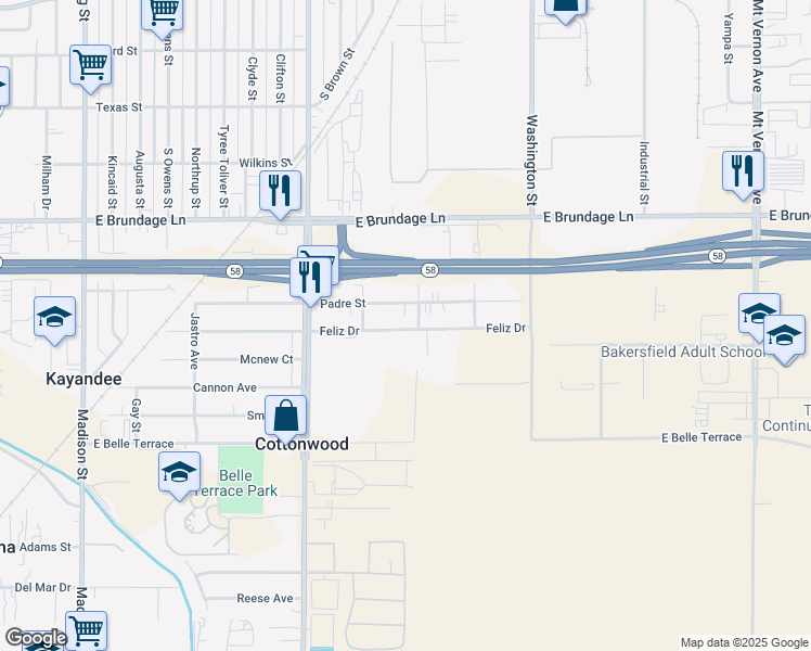 map of restaurants, bars, coffee shops, grocery stores, and more near 1714 Feliz Drive in Bakersfield