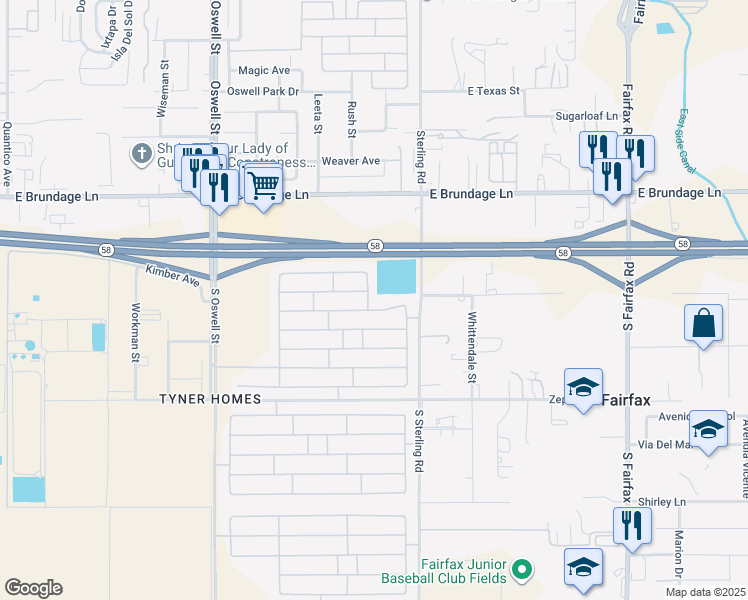 map of restaurants, bars, coffee shops, grocery stores, and more near 507 El Adobe Street in Bakersfield