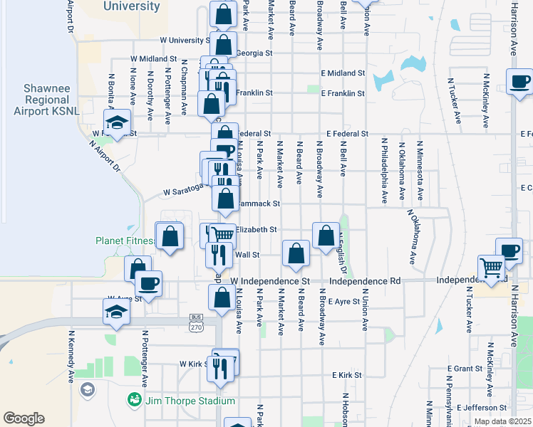 map of restaurants, bars, coffee shops, grocery stores, and more near 1721 North Park Avenue in Shawnee