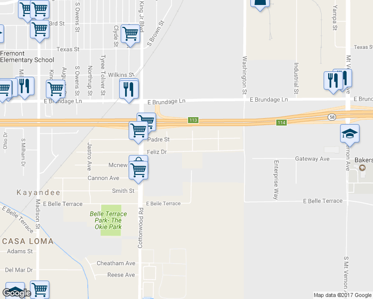 map of restaurants, bars, coffee shops, grocery stores, and more near 1714 Feliz Drive in Bakersfield