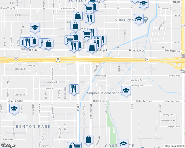 map of restaurants, bars, coffee shops, grocery stores, and more near 328 South Chester Avenue in Bakersfield
