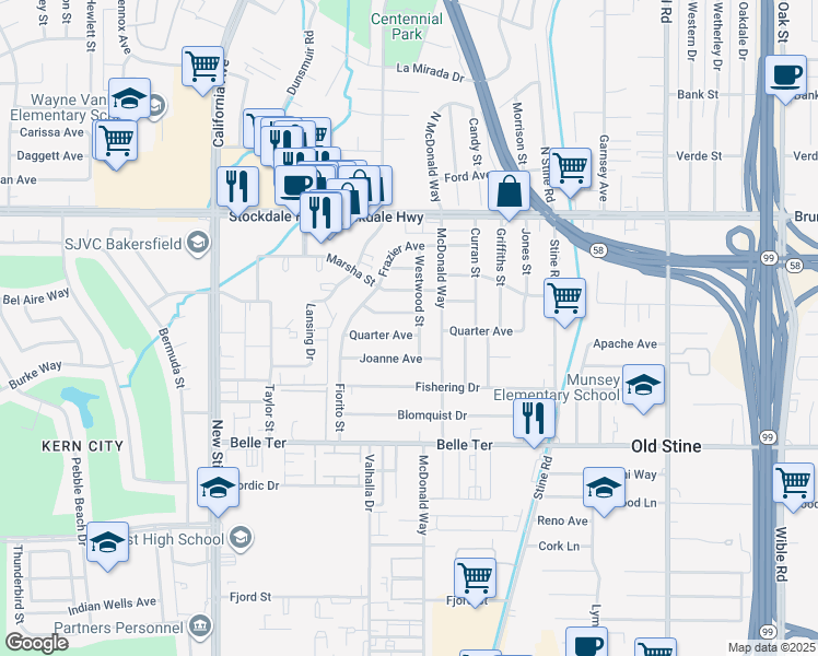 map of restaurants, bars, coffee shops, grocery stores, and more near 4508 Quarter Avenue in Bakersfield