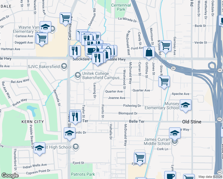 map of restaurants, bars, coffee shops, grocery stores, and more near 4614 Quarter Avenue in Bakersfield