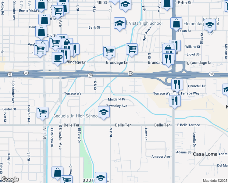 map of restaurants, bars, coffee shops, grocery stores, and more near 720 Terrace Way in Bakersfield