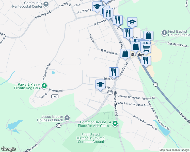 map of restaurants, bars, coffee shops, grocery stores, and more near 140 Ethel Drive in Stanley